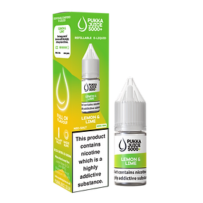 Packaging for Lemon & Lime Pukka Juice 5000+ Nic Salt E-Liquid featuring a green and yellow design with images of a bottle and a dropper, indicating the product is a nicotine salt e-liquid.