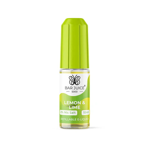 Bar Juice 5000 e-liquid bottle in green, with product packaging that indicates it is a nicotine e-liquid, 10ml size, with a label for 'LEMN & LIME' flavor.