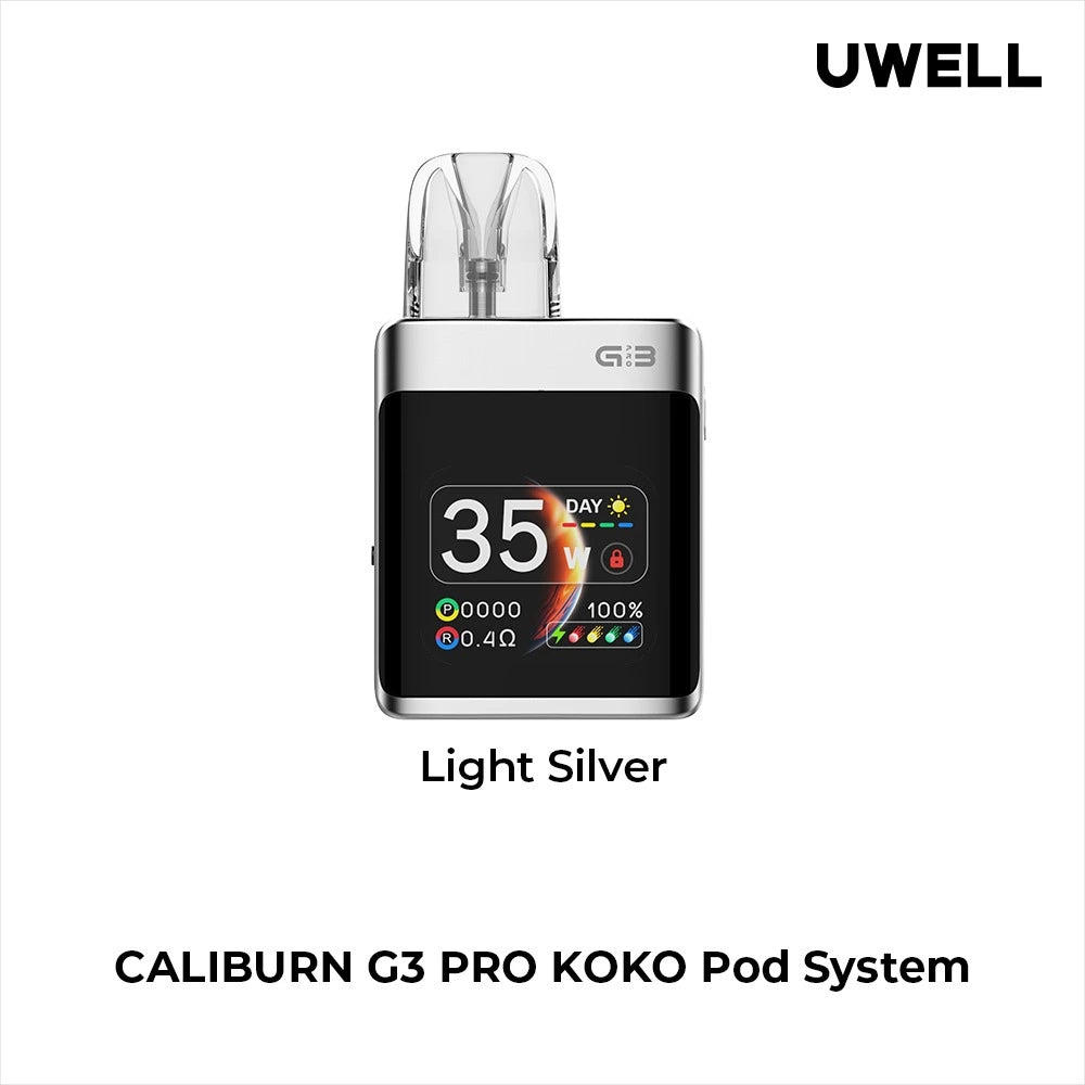 Uwell Caliburn G3 Pro Koko Pod Vape Kit in Light Silver – compact square-shaped vape device with a sleek dark finish, OLED display, and customizable vaping features.