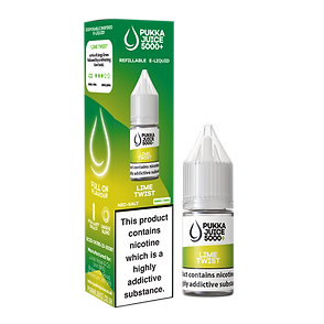 Packaging for Lime Twist Pukka Juice 5000+ Nic Salt E-Liquid featuring a green and white color scheme with an image of a bottle, and text detailing the product name, nicotine strengths, and volume.