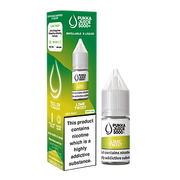 Packaging for Lime Twist Pukka Juice 5000+ Nic Salt E-Liquid featuring a green and white color scheme with an image of a bottle, and text detailing the product name, nicotine strengths, and volume.