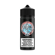 A 100ml bottle of Lush Ice Ruthless e-liquid with a black label, featuring pink and blue text and graphics indicating the flavor and nicotine-free status.