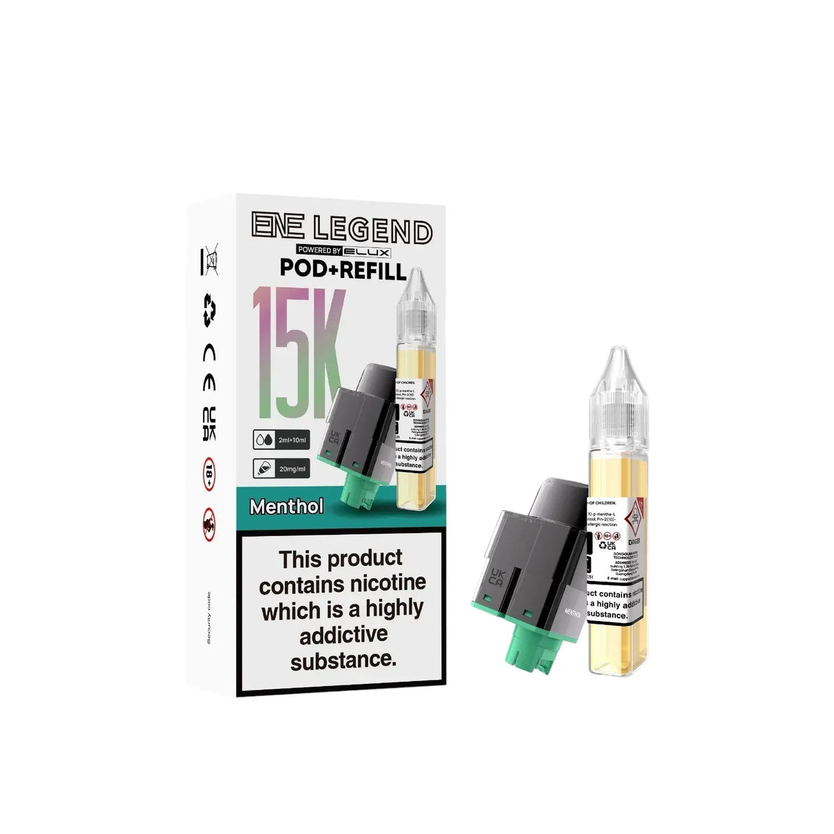 Elux ENE Legend 15K Prefilled Pods in Menthol – replacement prefilled pods with 2ml e-liquid capacity.