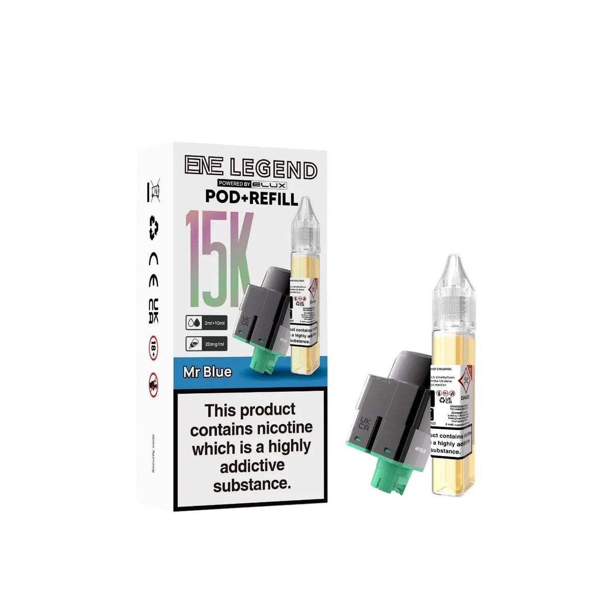 Elux ENE Legend 15K Prefilled Pods in Mr Blue – replacement prefilled pods with 2ml e-liquid capacity.