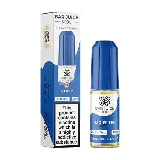 A product image showing a Bar Juice 5000 e-liquid bottle next to its packaging box. The packaging is predominantly blue with graphical elements and text, and the bottle is blue with a white label.