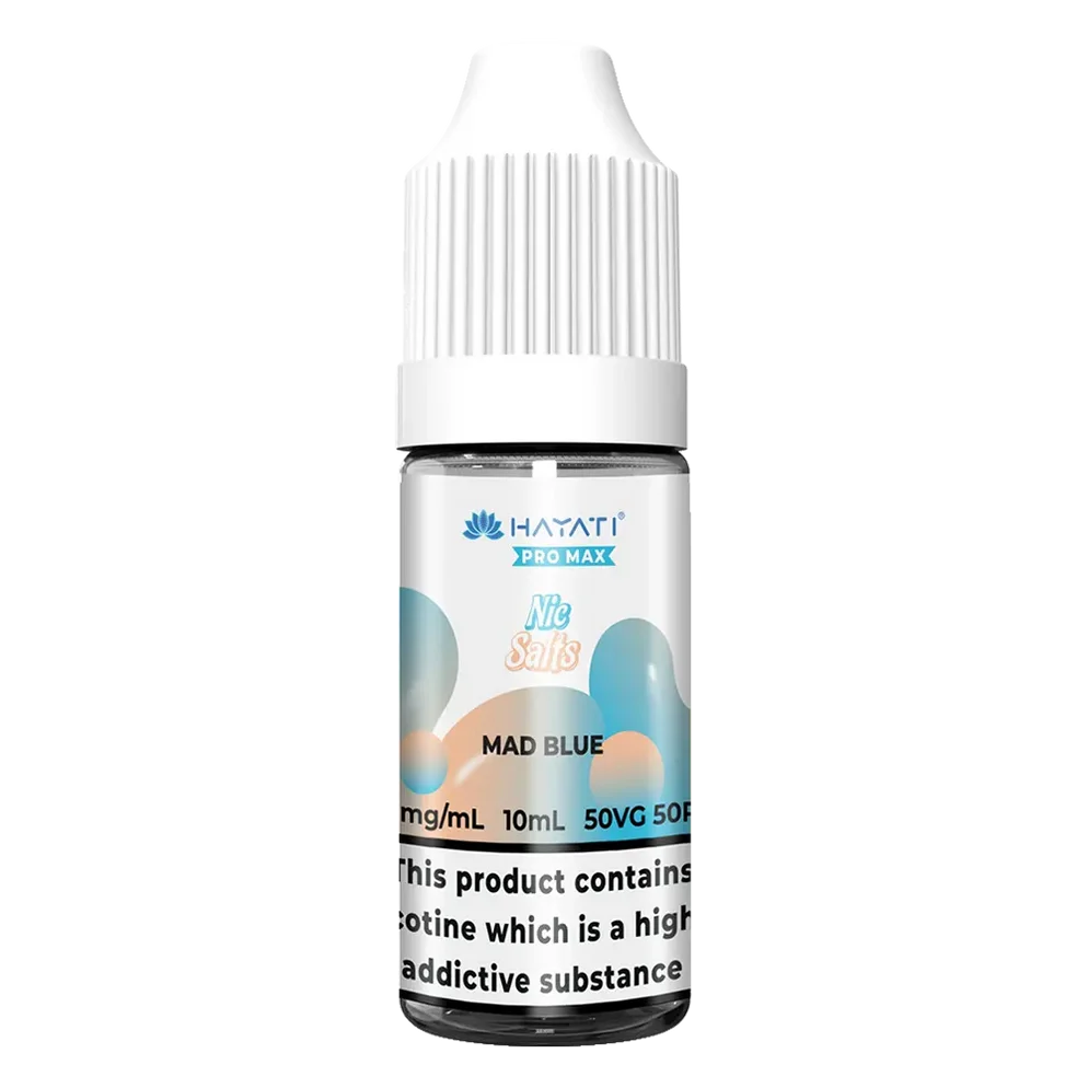 Hayati Pro Max Nic Salt Vape E-Liquid 10ml in Mad Blue Flavor, offering a smooth and satisfying vaping experience with convenient 10ml bottle packaging.