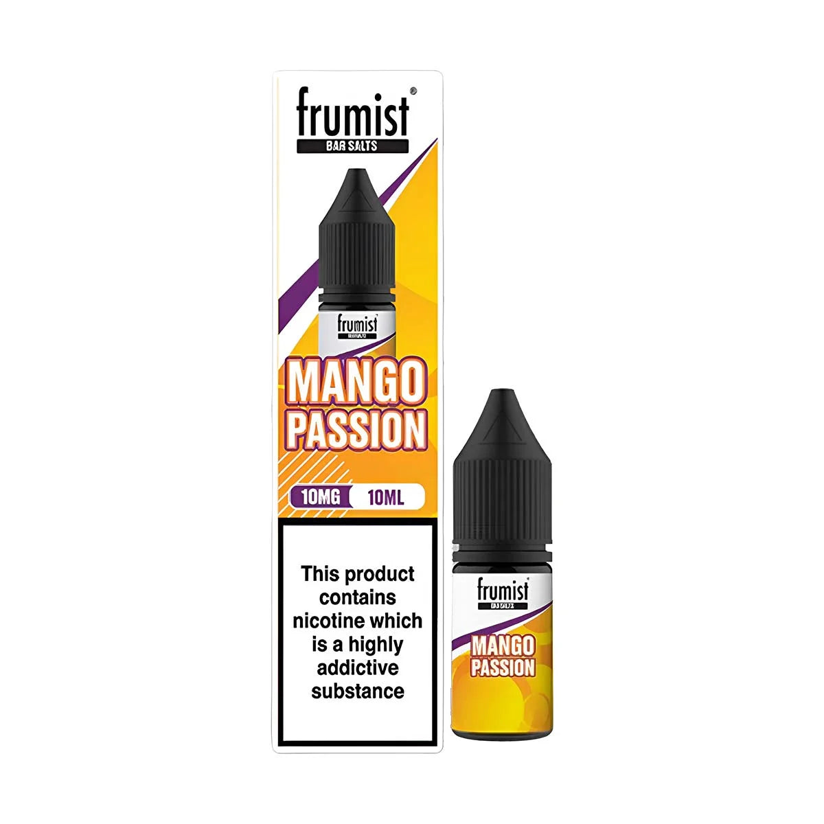 Frumist Nic Salt E-Liquid Mango Passion – 10ml bottle, 50/50 VG/PG blend, available in 10mg or 20mg nicotine strength.