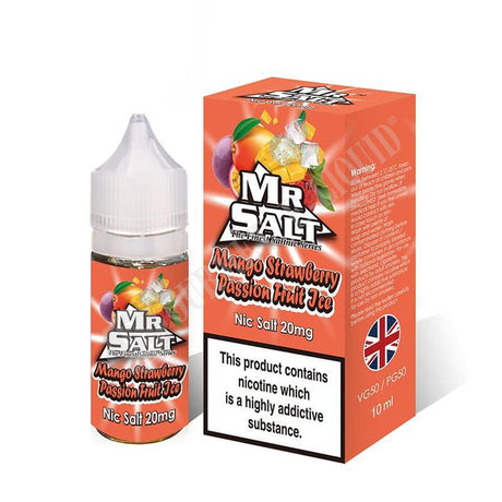 Mr Salt Mango Strawberry Passion Fruit Ice Nic Salt E‑Liquid – sleek bottle of premium nicotine salt vape juice with a pure and smooth throat hit, ideal for pod systems.