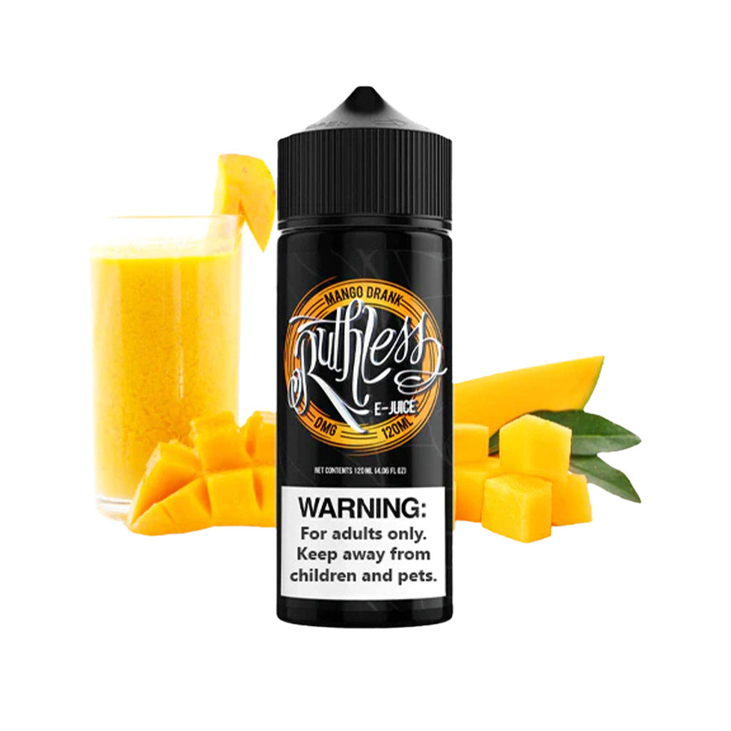 A 100ml bottle of Ruthless brand e-liquid labeled 'Mango Drank', with a warning label indicating it's for adults only. The bottle is accompanied by a glass of mango juice and slices of mango.