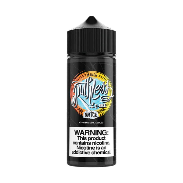 A 100ml bottle of Mango Ice Ruthless Vape Juice with a black cap and colorful label, indicating it contains nicotine.