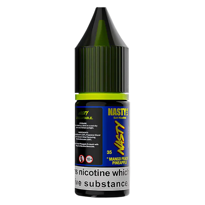 Bottle of Nasty Liq Mango Peach Pineapple Nic Salt Vape Juice featuring vibrant tropical-themed orange and yellow packaging, with bold branding and fruity flavor blend, made for nicotine salt vape devices.