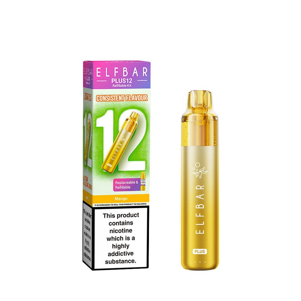 Elf Bar Plus 12 in Mango – long-lasting rechargeable vape with up to 12,000 puffs and smooth MTL performance.
