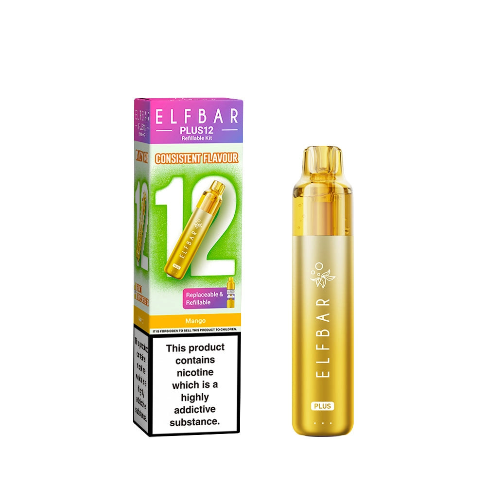Elf Bar Plus 12 in Mango  – long-lasting rechargeable vape with up to 12,000 puffs and smooth MTL performance.