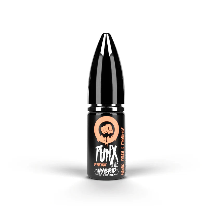 Bottle of Mango & Peach Pineapple Riot Squad Punx Nic Salts with vibrant tropical orange, peach, and yellow packaging, showcasing bold graphics of mangoes, peaches, and pineapple, featuring the prominent ‘Punx’ branding, designed for nicotine salt vape devices.