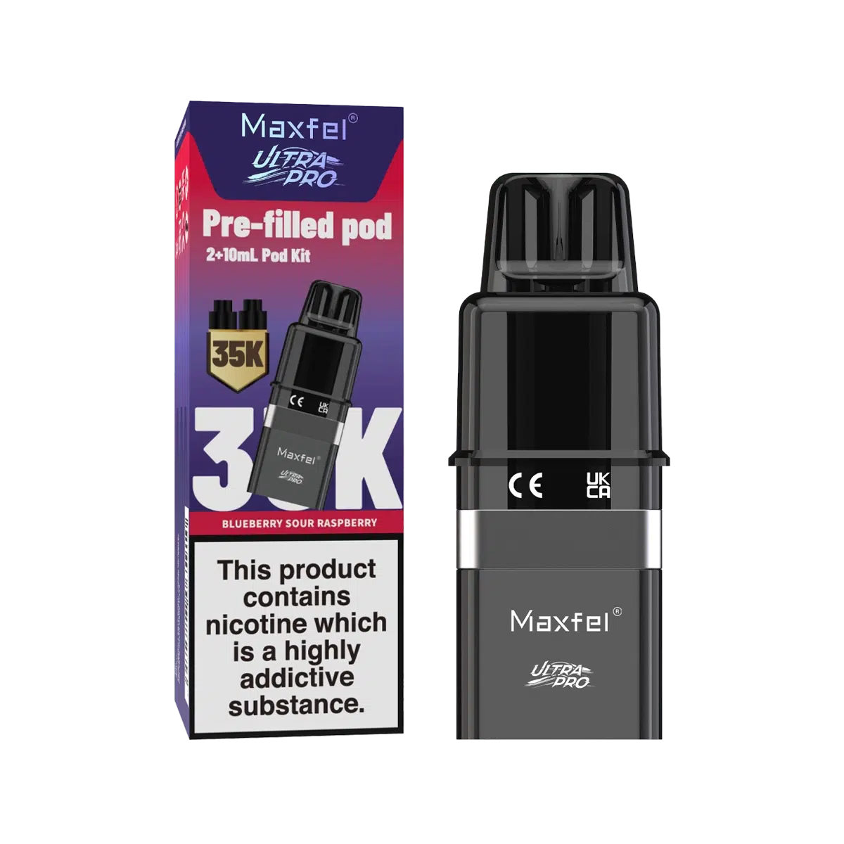 Maxfel Ultra Pro Prefilled Pods with refill containers in refreshing Blueberry Sour Raspberry flavor, designed for long‑lasting smooth nicotine satisfaction and hassle‑free vaping convenience.
