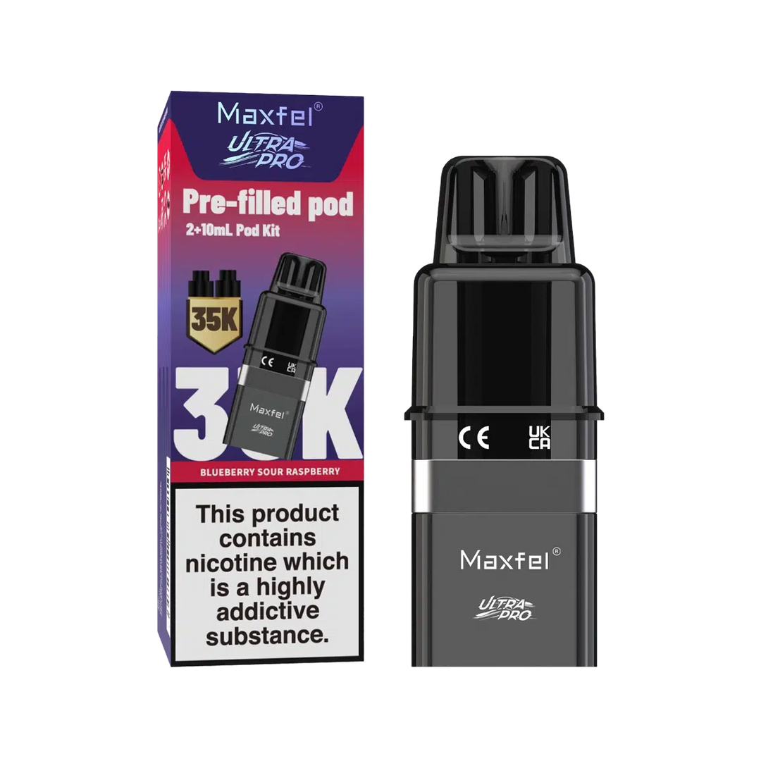 Maxfel Ultra Pro Prefilled Pods with refill containers in refreshing Blueberry Sour Raspberry flavor, designed for long‑lasting smooth nicotine satisfaction and hassle‑free vaping convenience.