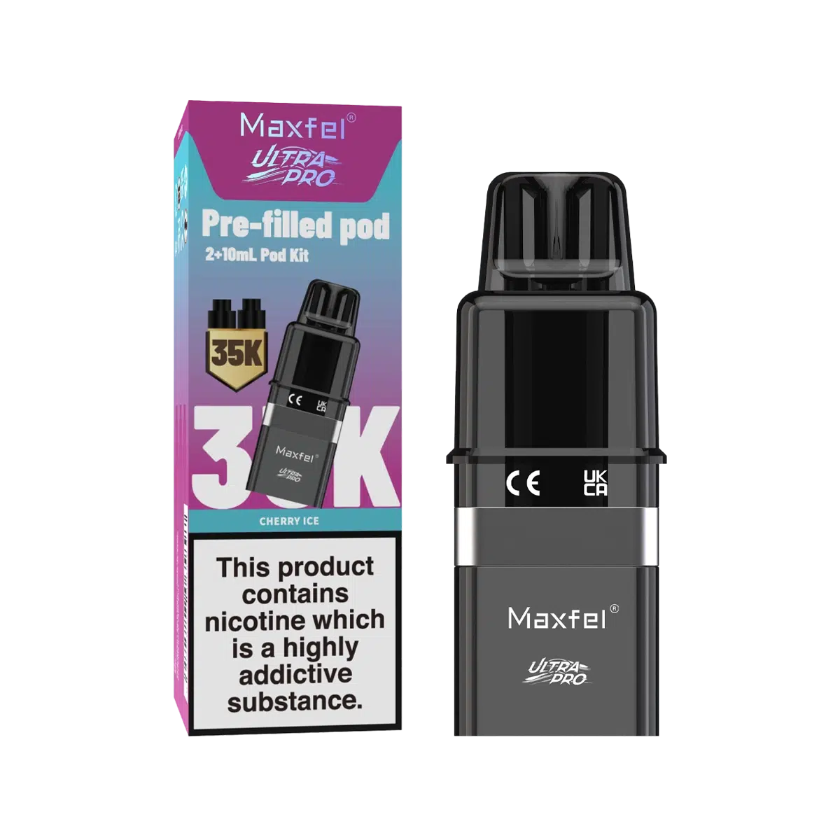 Maxfel Ultra Pro Prefilled Pods with refill containers in refreshing Cherry Ice flavor, designed for long‑lasting smooth nicotine satisfaction and hassle‑free vaping convenience.