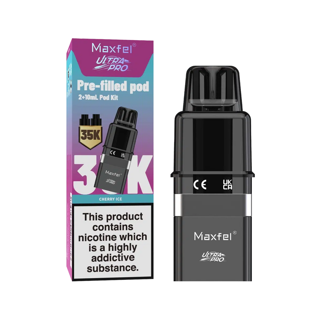 Maxfel Ultra Pro Prefilled Pods with refill containers in refreshing Cherry Ice flavor, designed for long‑lasting smooth nicotine satisfaction and hassle‑free vaping convenience.