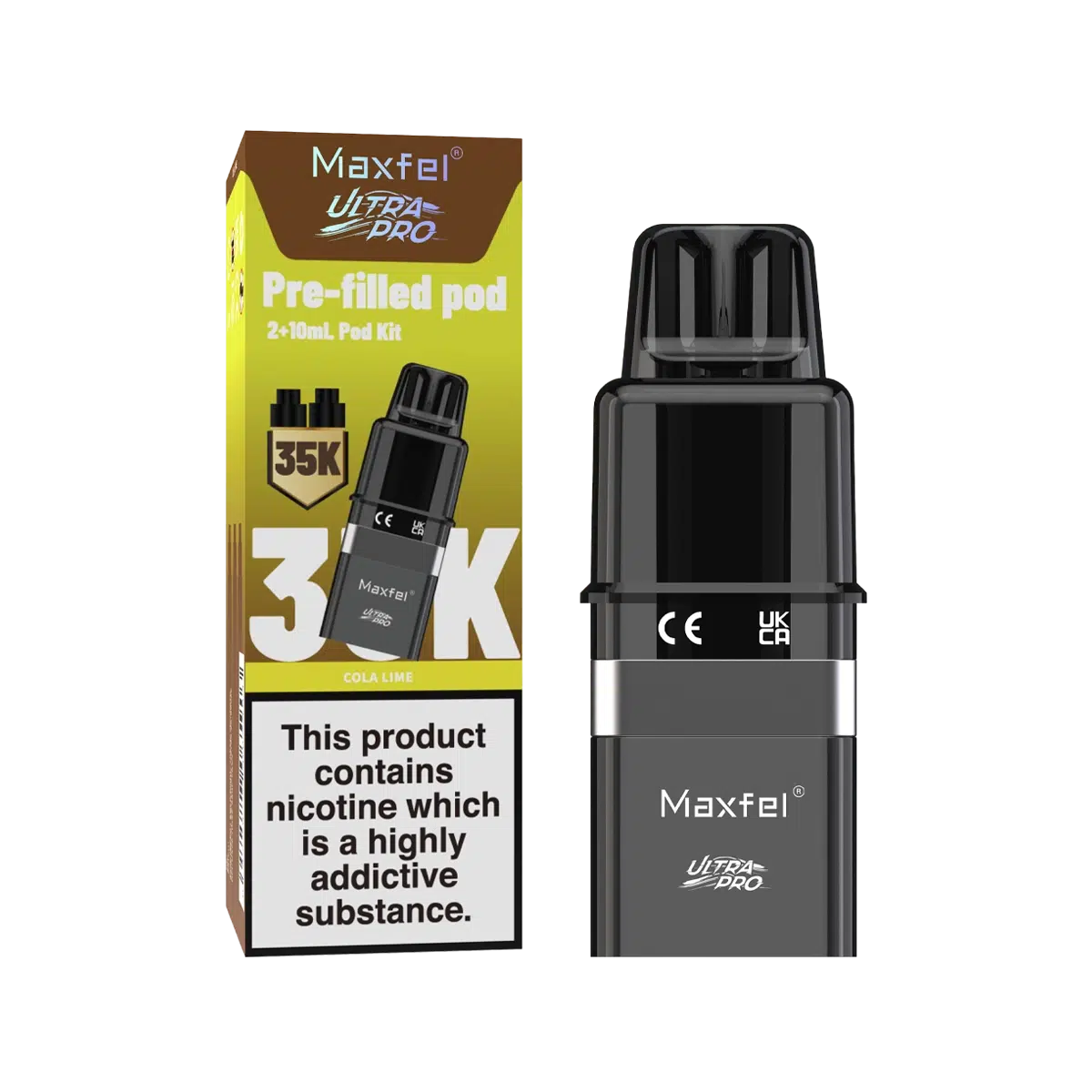 Maxfel Ultra Pro Prefilled Pods with refill containers in refreshing Cola Lime flavor, designed for long‑lasting smooth nicotine satisfaction and hassle‑free vaping convenience.