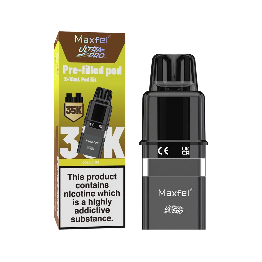 Maxfel Ultra Pro Prefilled Pods with refill containers in refreshing Cola Lime flavor, designed for long‑lasting smooth nicotine satisfaction and hassle‑free vaping convenience.