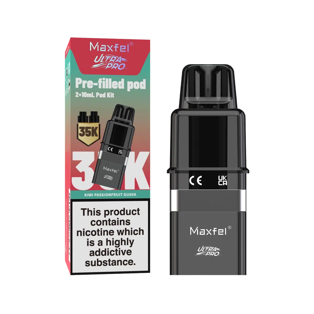 Maxfel Ultra Pro Prefilled Pods with refill containers in refreshing Kiwi Passionfruit Guava flavor, designed for long‑lasting smooth nicotine satisfaction and hassle‑free vaping convenience.