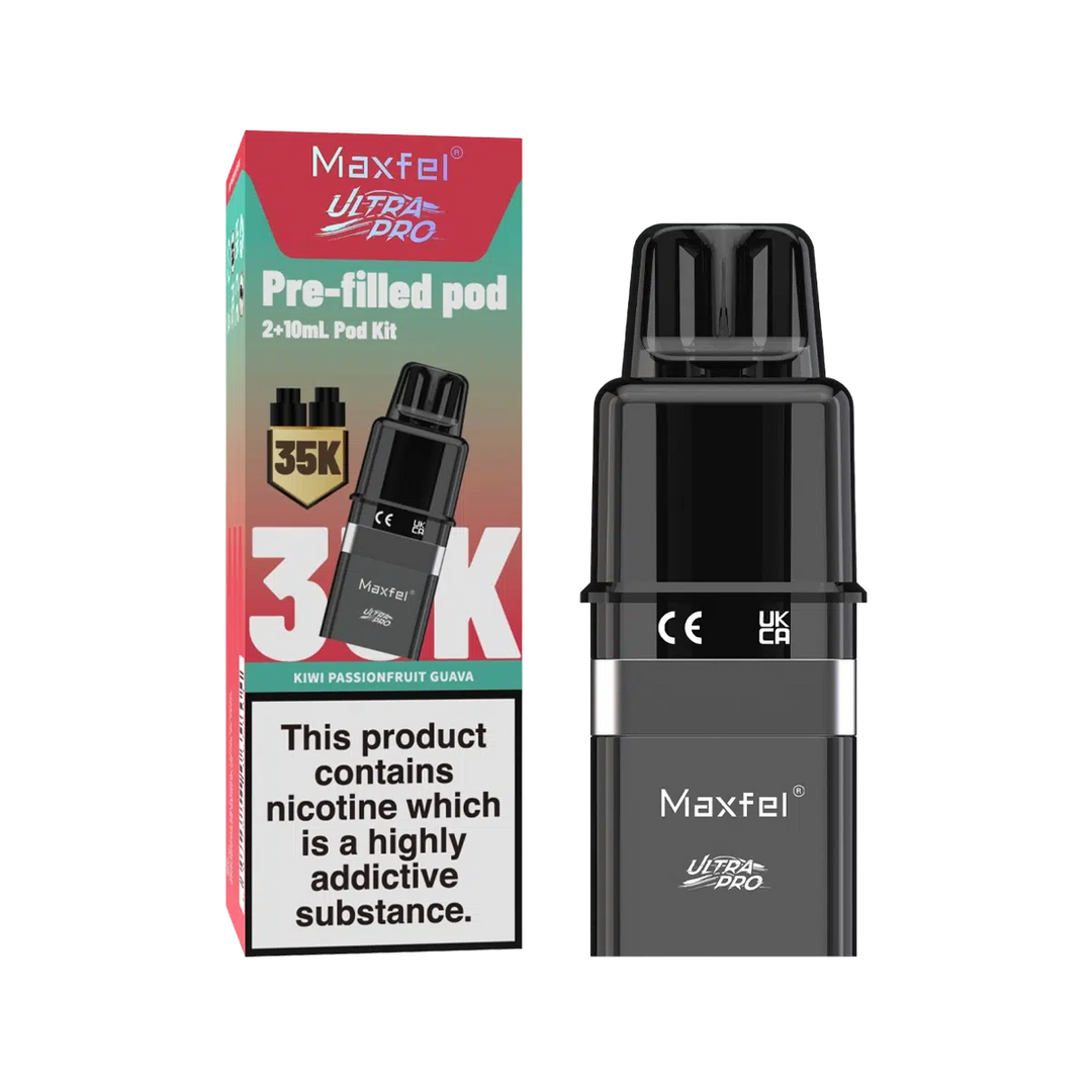 Maxfel Ultra Pro Prefilled Pods with refill containers in refreshing Kiwi Passionfruit Guava flavor, designed for long‑lasting smooth nicotine satisfaction and hassle‑free vaping convenience.