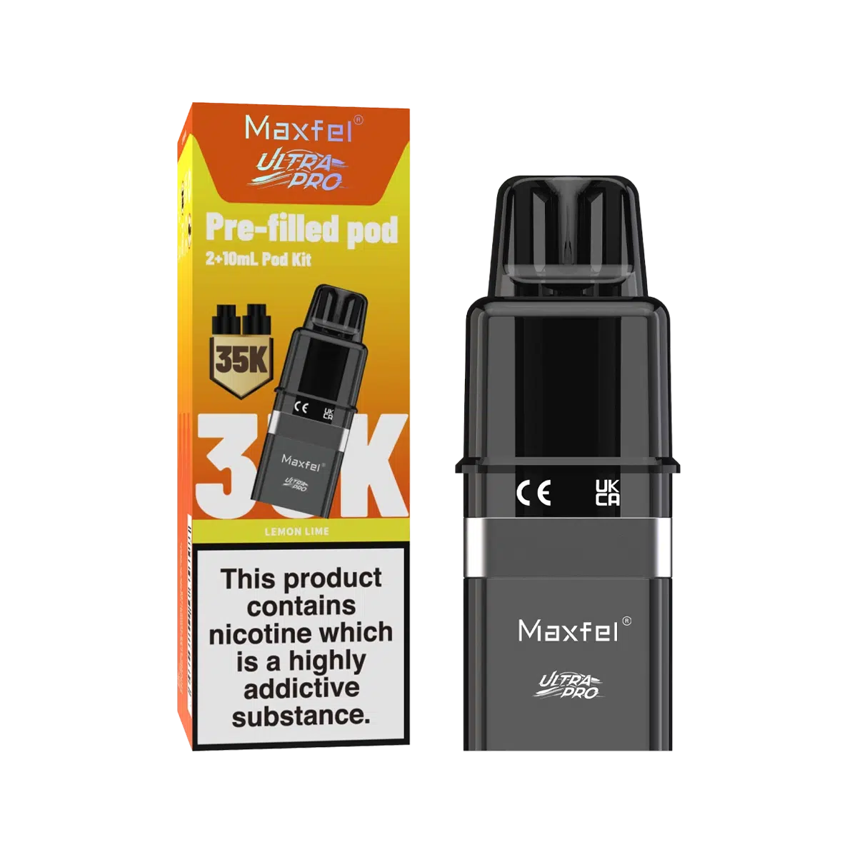 Maxfel Ultra Pro Prefilled Pods with refill containers in refreshing Lemon Lime flavor, designed for long‑lasting smooth nicotine satisfaction and hassle‑free vaping convenience.