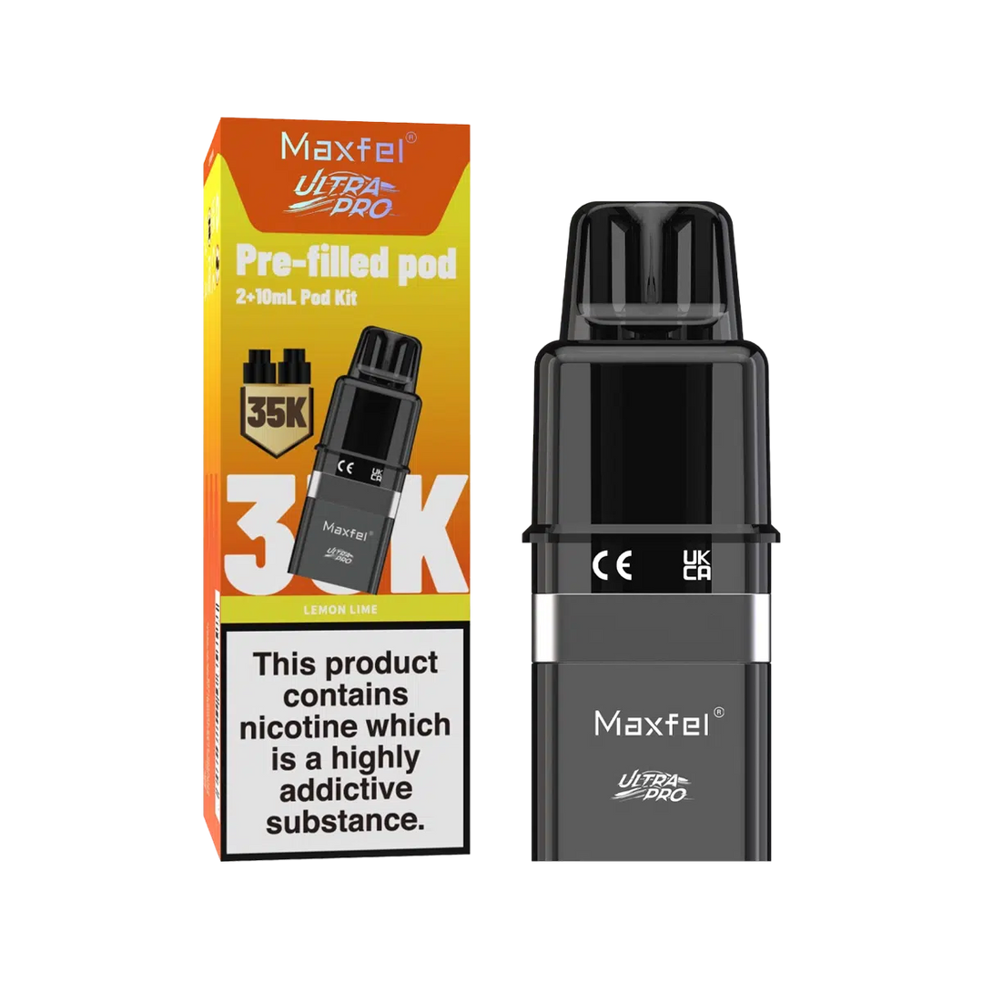 Maxfel Ultra Pro Prefilled Pods with refill containers in refreshing Lemon Lime flavor, designed for long‑lasting smooth nicotine satisfaction and hassle‑free vaping convenience.