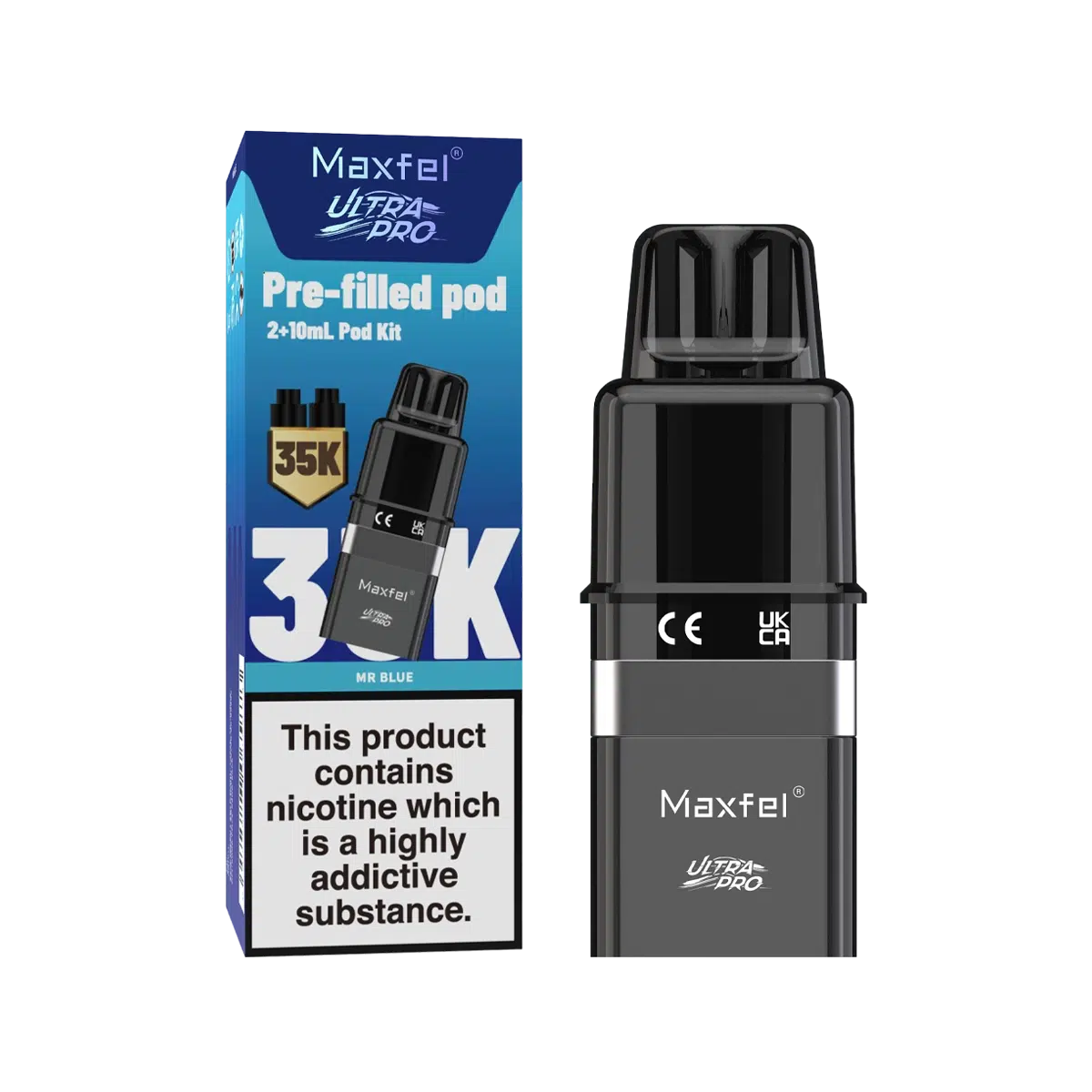 Maxfel Ultra Pro Prefilled Pods with refill containers in refreshing Mr Blue flavor, designed for long‑lasting smooth nicotine satisfaction and hassle‑free vaping convenience.