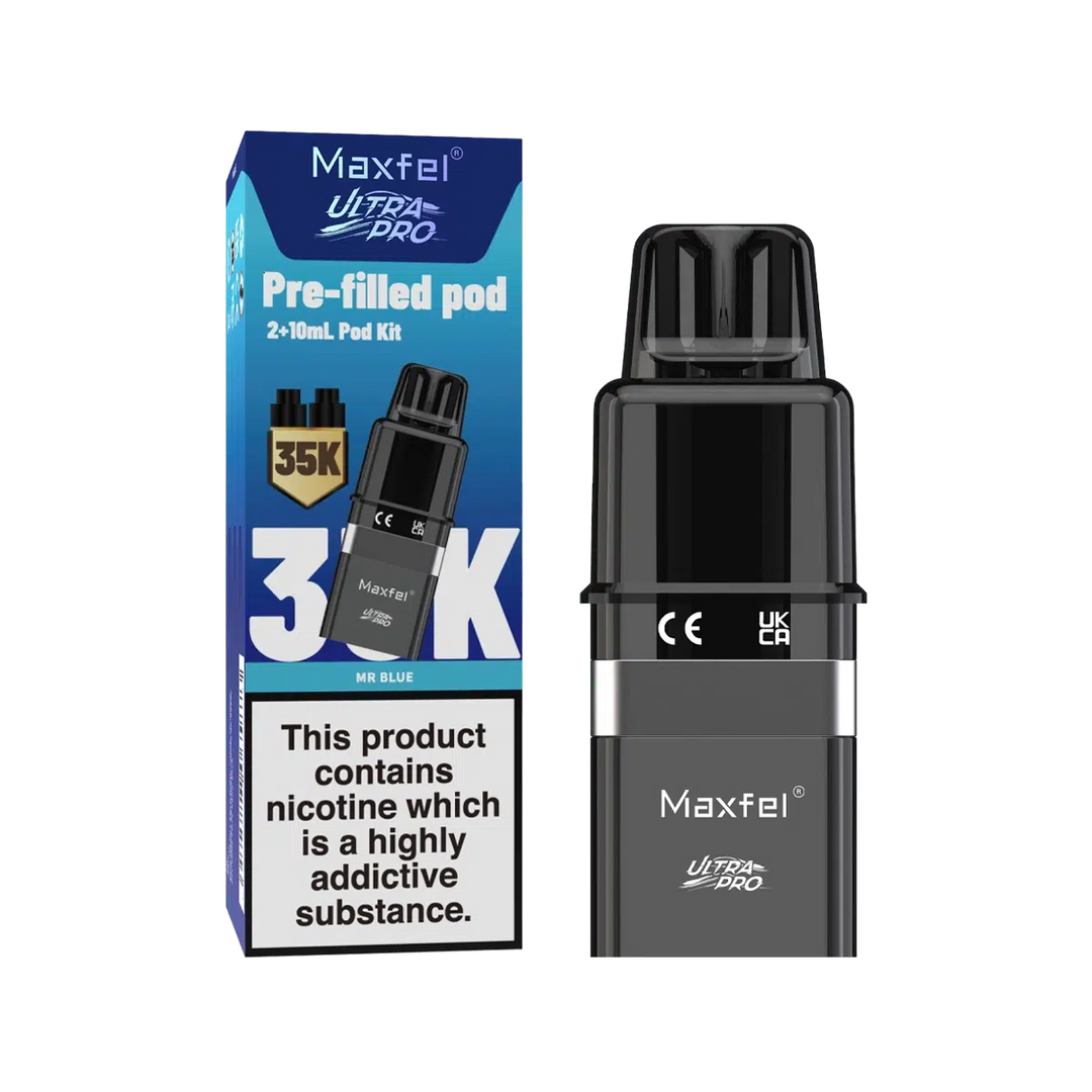 Maxfel Ultra Pro Prefilled Pods with refill containers in refreshing Mr Blue flavor, designed for long‑lasting smooth nicotine satisfaction and hassle‑free vaping convenience.