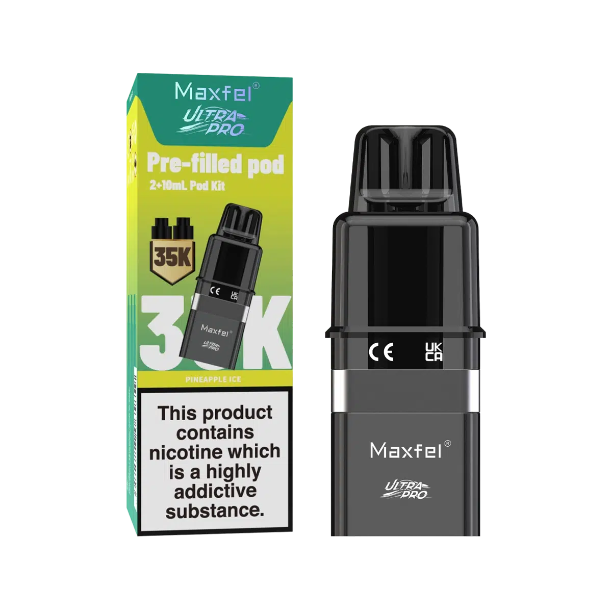 Maxfel Ultra Pro Prefilled Pods with refill containers in refreshing Pineapple Ice flavor, designed for long‑lasting smooth nicotine satisfaction and hassle‑free vaping convenience.