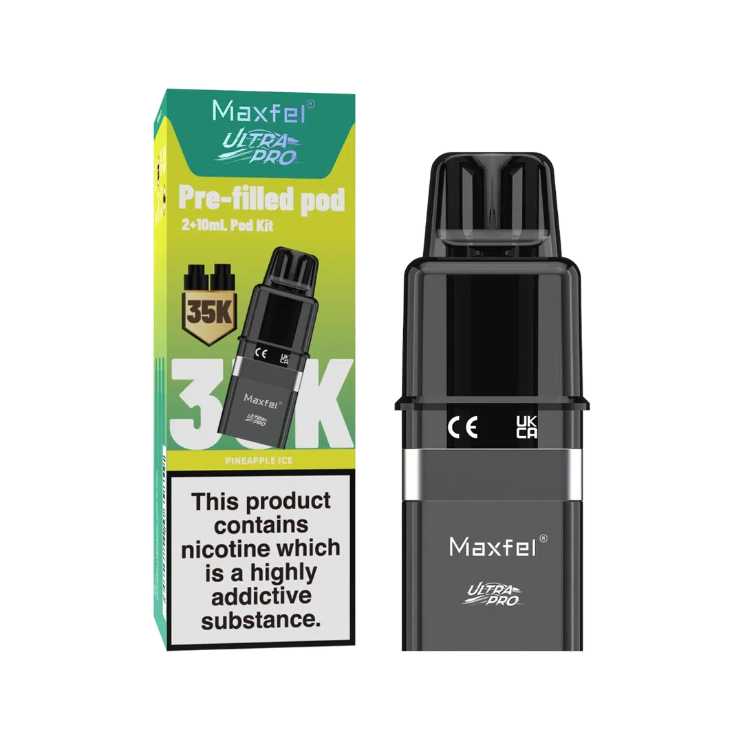 Maxfel Ultra Pro Prefilled Pods with refill containers in refreshing Pineapple Ice flavor, designed for long‑lasting smooth nicotine satisfaction and hassle‑free vaping convenience.