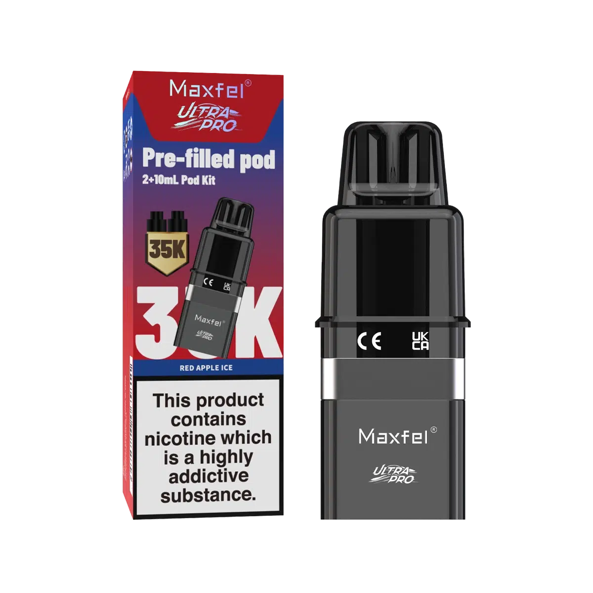 Maxfel Ultra Pro Prefilled Pods with refill containers in refreshing Red Apple Ice flavor, designed for long‑lasting smooth nicotine satisfaction and hassle‑free vaping convenience.