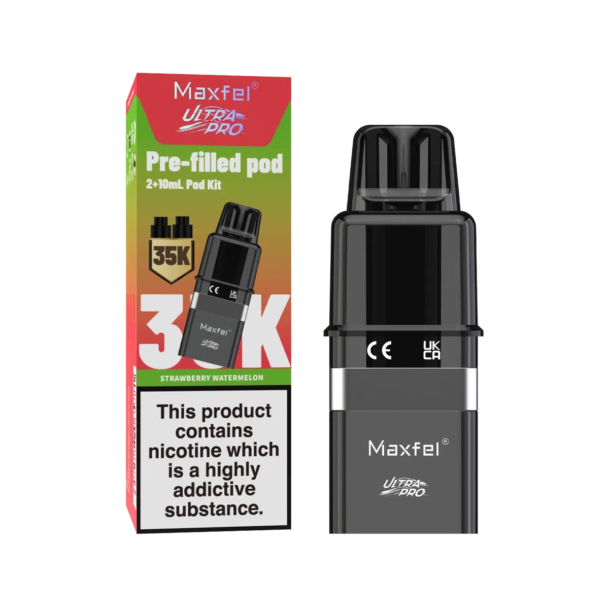 Maxfel Ultra Pro Prefilled Pods with refill containers in refreshing Strawberry Watermelon flavor, designed for long‑lasting smooth nicotine satisfaction and hassle‑free vaping convenience.
