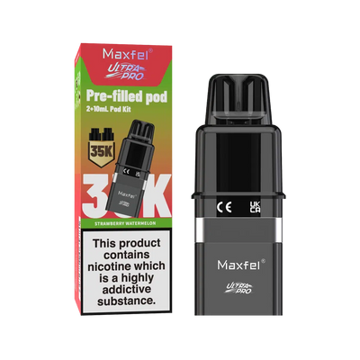 Maxfel Ultra Pro Prefilled Pods with refill containers in refreshing Strawberry Watermelon flavor, designed for long‑lasting smooth nicotine satisfaction and hassle‑free vaping convenience.
