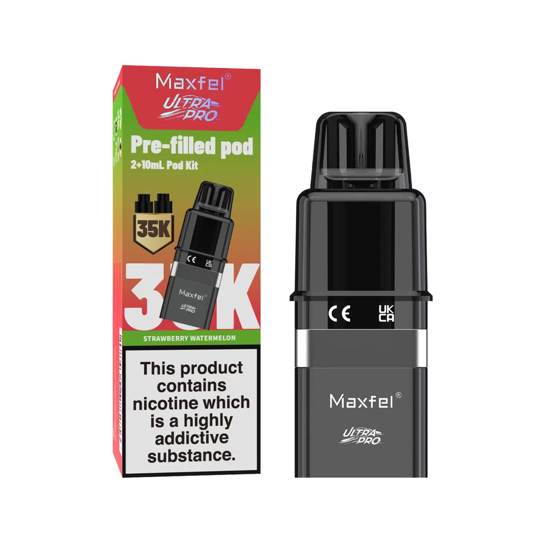 Maxfel Ultra Pro Prefilled Pods with refill containers in refreshing Strawberry Watermelon flavor, designed for long‑lasting smooth nicotine satisfaction and hassle‑free vaping convenience.
