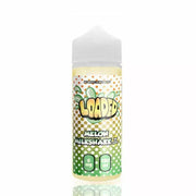 A 120ml bottle of Melon Milkshake flavored e-liquid by Loaded. The bottle is white with a green label featuring graphics of melons and text indicating the flavor.