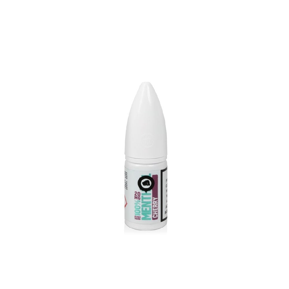 Bottle of Menthol Series Cherry Riot Squad Punx Nic Salts featuring deep cherry-red packaging with cool mint-blue accents, iconographic cherry fruit and icy crystal motifs, bold ‘Punx’ branding, designed for nicotine salt vape devices.
