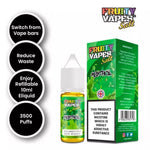 Load image into Gallery viewer, The image displays a Menthol Fruity Nic Salt Vape e-liquid product packaging. The box and the bottle feature a bright, attractive design with green and yellow tones.
