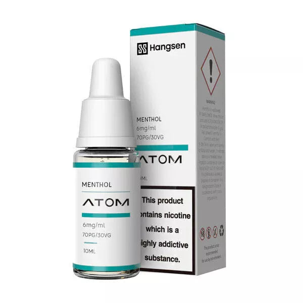 A bottle of Menthol Hangsen E-Liquid next to its packaging box. The bottle has a white cap and label with green and white text, while the box has similar colors and includes warning labels about nicotine content.