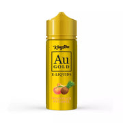 A bottle of Kingston AU Gold e-liquid in the flavor Miami Peach Pineapple, with a yellow label and cap, containing 100ml of vape juice.