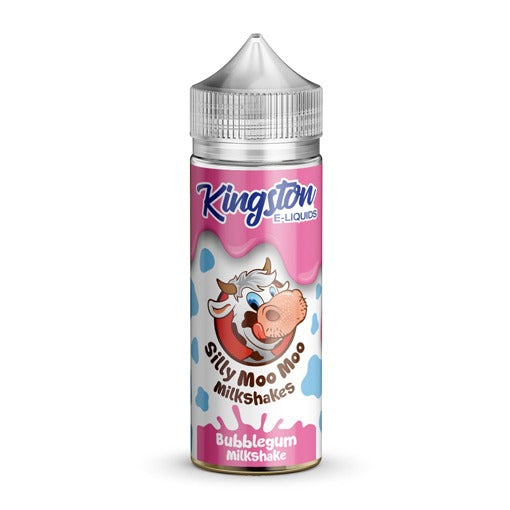A bottle of Kingston Milkshake - Bubblegum e-liquid vape juice with a label featuring a cartoon cow and bubblegum graphics against a white background.
