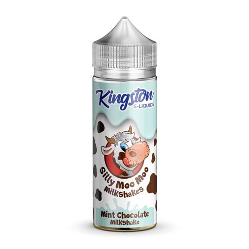 A bottle of Kingston brand Mint Chocolate flavored e-liquid vape juice with a capacity of 100ml. The label features an illustration of a cow and text indicating the flavor and nicotine level.
