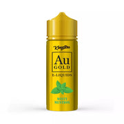 A bottle of Minty Menthol Kingston AU Gold 100ml e-liquid with a yellow label and green mint leaves detail.