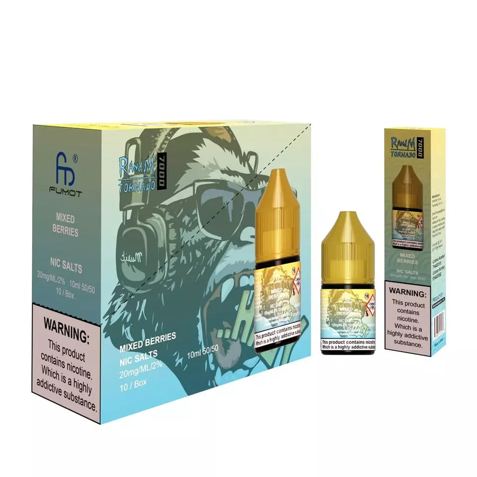 Product image showing a box and two bottles of Mix Berries R&M Nic Salt E Liquid, with a graphic design of a monkey wearing sunglasses and a hat on the box.