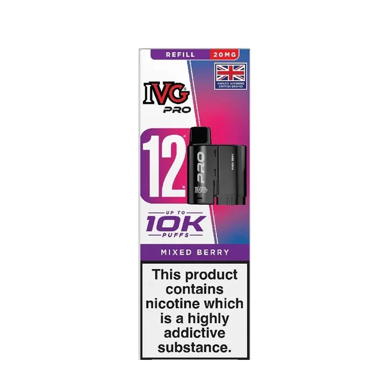 IVG Pro 12 prefilled vape pods in Mixed Berry flavor, offering a refreshing mint taste with a convenient disposable design