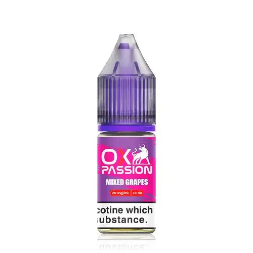 Bottle of Mixed Grapes OXVA Ox Passion Nic Salt featuring deep violet and purple gradient packaging with stylized illustrations of sliced and whole grapes, OXVA logo prominently displayed, and 'Ox Passion' and flavor name clearly labeled—designed for nicotine salt vape devices.