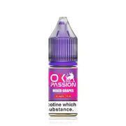 Bottle of Mixed Grapes OXVA Ox Passion Nic Salt featuring deep violet and purple gradient packaging with stylized illustrations of sliced and whole grapes, OXVA logo prominently displayed, and 'Ox Passion' and flavor name clearly labeled—designed for nicotine salt vape devices.