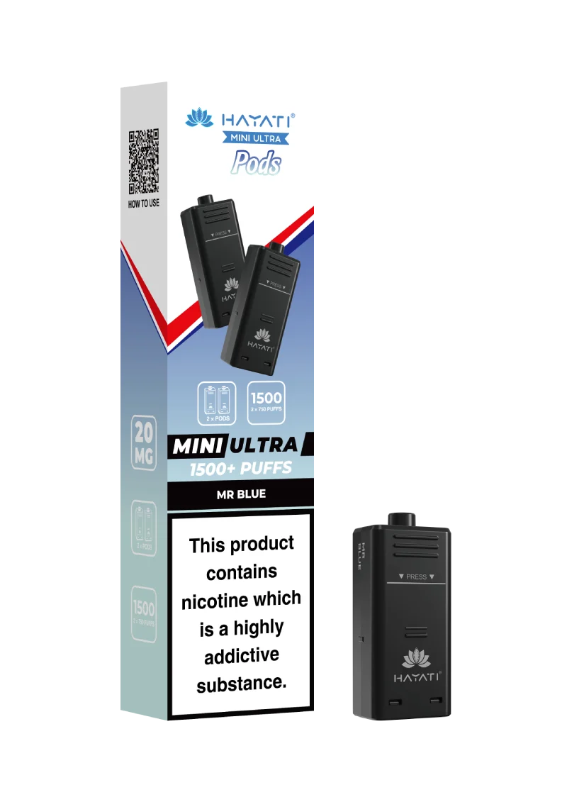 Hayati Mini Ultra 1500 Mr Blue prefilled pods compatible with the Mini Ultra device, available in various flavours