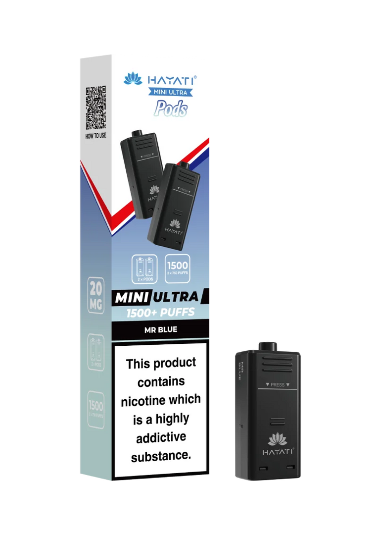 Hayati Mini Ultra 1500 Mr Blue prefilled pods compatible with the Mini Ultra device, available in various flavours